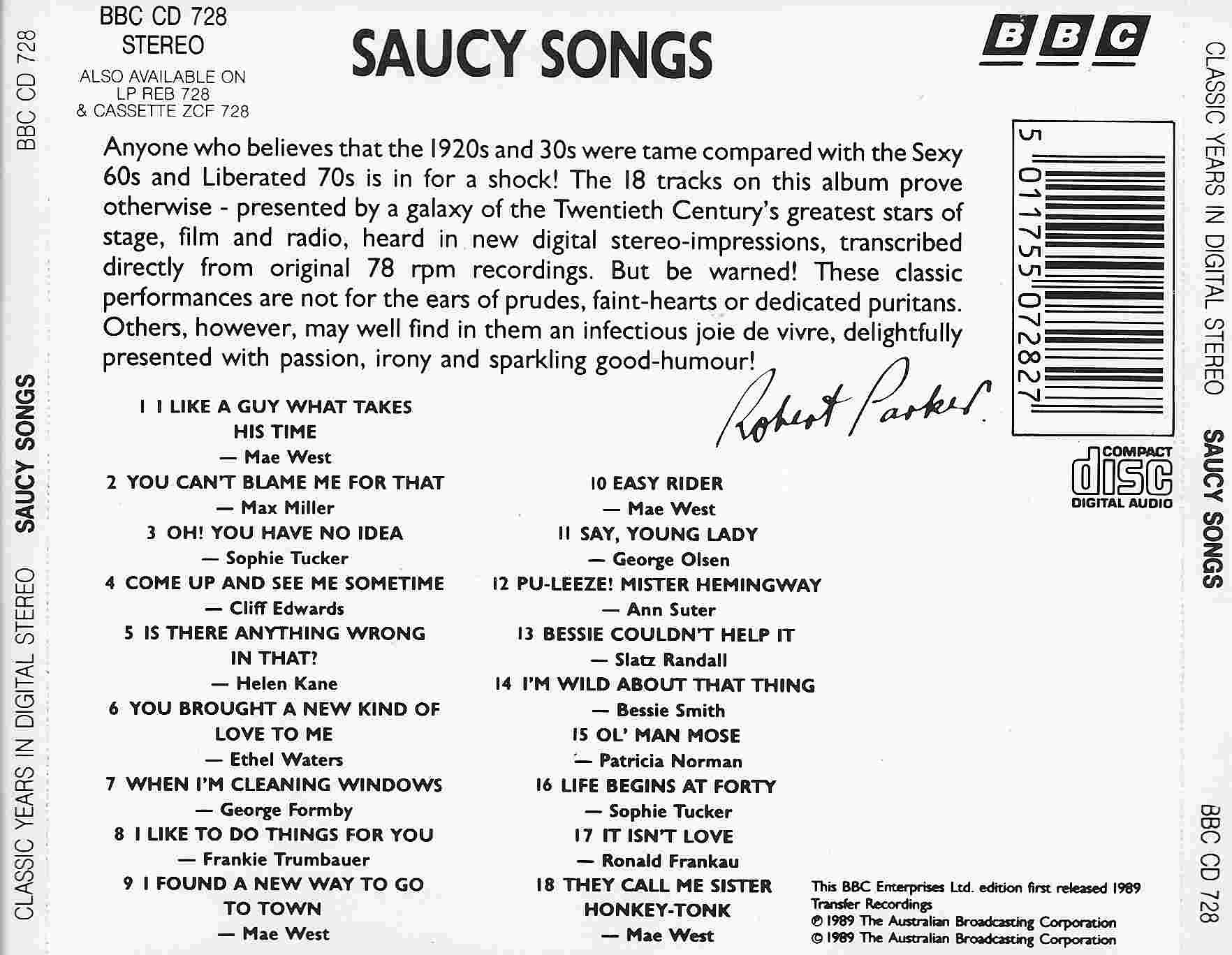 Picture of BBCCD728 Classic years - Saucy songs by artist Various from the BBC records and Tapes library